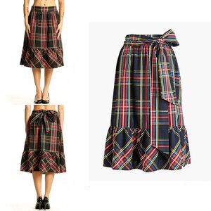 Sz 2- J. Crew Factory Black Plaid Cotton Ruffle Bow A-Line Midi Skirt